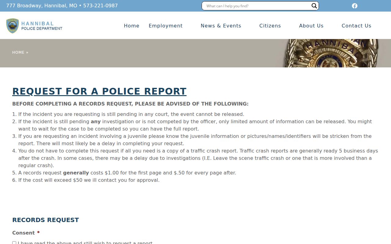 Hannibal criminal record online police report request form
