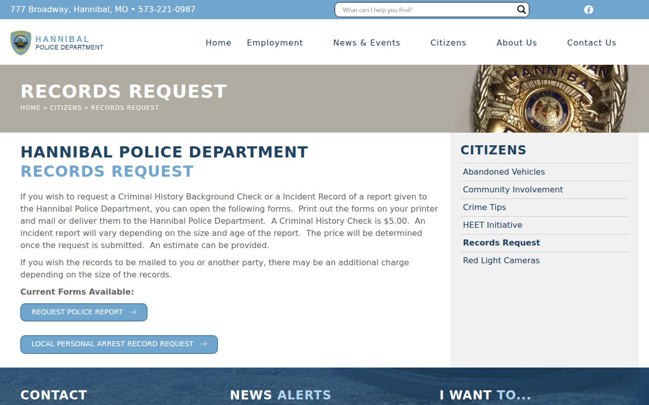 Hannibal criminal history police records request options