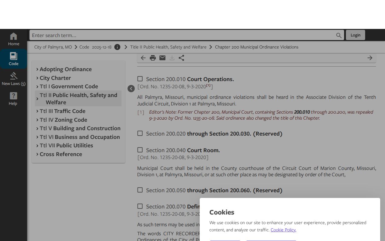 Palmyra criminal history municipal court venue code